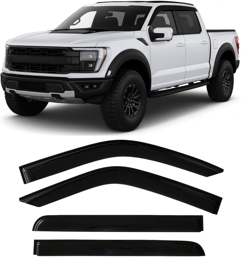 Optimal Co 2015-2026 Tape-On Rain Guards for Ford F150 SuperCrew Side Window Deflector Visors (Crew cab only) XL XLT Lariat King Ranch Platinum Limited Lightning 2018 2019 2020 2021 2022 2023 2024 2025 - Image 1